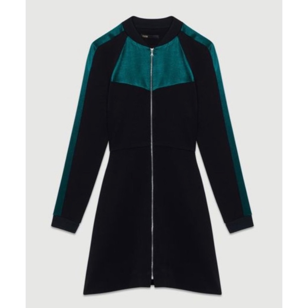 MAJE • Black/Green Rizia Contrast-Inset A-Line Long Sleeve Mini Dress, S - Picture 4 of 16